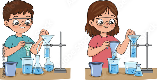 PrintHappy children doing chemistry experiments in school laboratory, boy and girl using funnels, pouring liquids into beakers, science education, STEM learning.