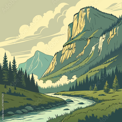 Vector art of majestic mountains rise above a lush valley with a winding river, showcasing natures grandeur and serene beauty, with towering peaks and verdant landscapes, a breathtaking vista