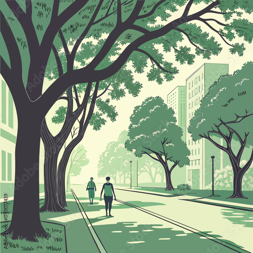 Vector art of a peaceful city street lined with trees, as people stroll along the sidewalk, enjoying the urban oasis, with buildings and greenery creating a harmonious blend