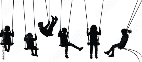 Children silhouette on swings playing together, outdoor playground fun, kids recreation activity, childhood happiness, group swinging, joyful motion, black vector illustration