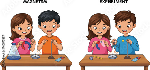 PrintHappy children doing science experiment, kids learning magnetism with compass, fun educational activity, students studying physics, discovery, teamwork in classroom