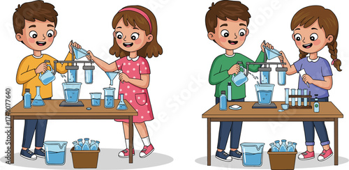 PrintHappy children doing science experiments in classroom laboratory, boys and girls using funnels, beakers, teamwork activity, chemistry education, STEM learning.