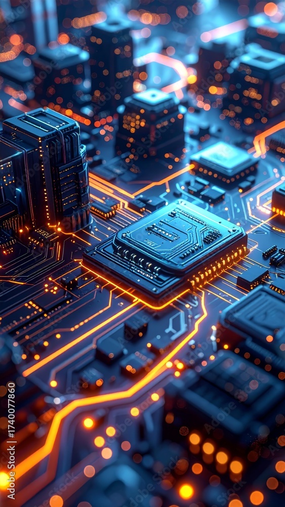 Obraz premium Futuristic circuit board, viewed from a high angle