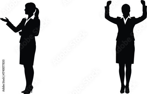Silhouette of businesswoman in professional suit showing presentation gesture and celebrating success with raised arms isolated on white background