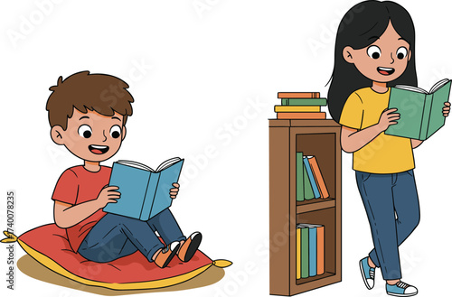 PrintHappy children reading books indoors, boy sitting on cushion, girl standing with bookshelf, education, studying, learning, literature, knowledge, imagination, classroom, school, kids.