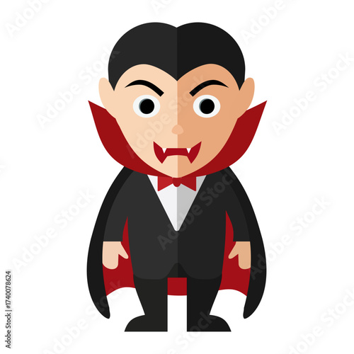 A vampire character illustration with sharp fangs, black suit, red cape, and pale face, representing Dracula, Halloween monster, horror fantasy, bloodsucker, spooky design, and scary cartoon style.
