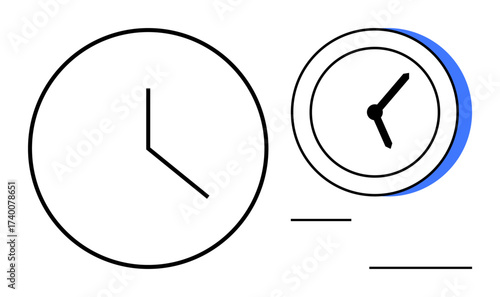 Simple clocks with hour and minute hands, overlapping for focus on time and efficiency. Ideal for time management, scheduling, punctuality, workflow, productivity, business goals, simple flat