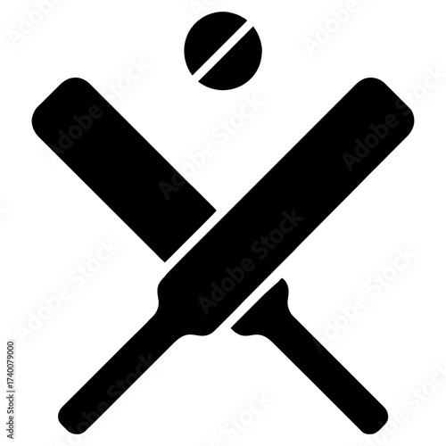 Crossed cricket bats with ball silhouette icon, black on white sport symbol