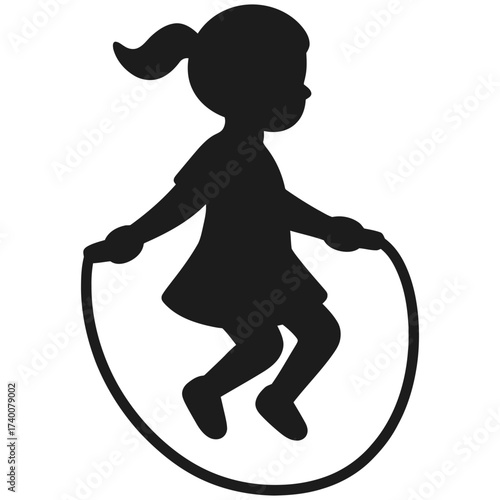 Girl jumping rope silhouette icon, black on white, childhood play fitness symbol