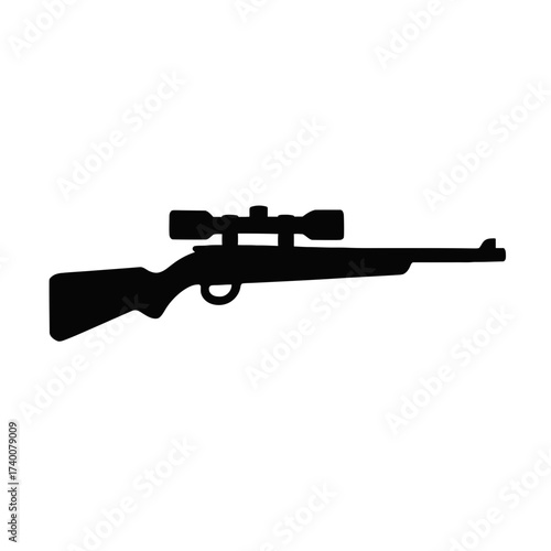 Scoped rifle silhouette icon, black on white, sniper hunting firearm symbol