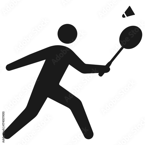 Badminton player with racket and shuttlecock silhouette, black on white