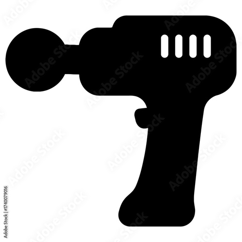 Massage gun silhouette icon, black on white, percussion massager therapy tool