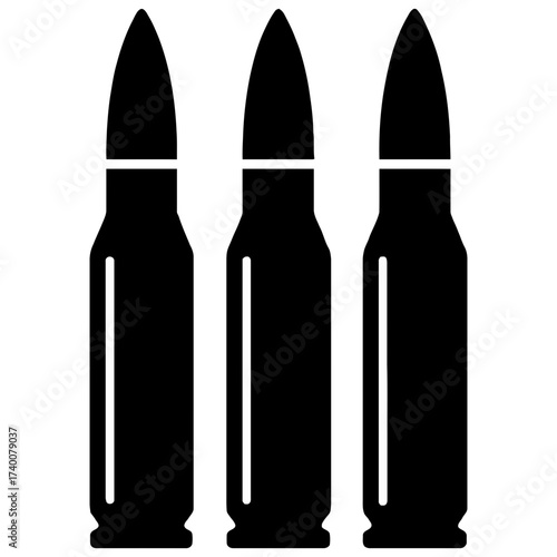 Three rifle cartridges silhouette icon, black on white, ammunition war symbol