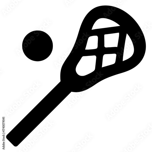 Lacrosse stick and ball silhouette icon, black on white background, sport symbol