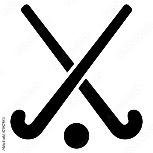 Crossed field hockey sticks and ball silhouette icon, black on white background