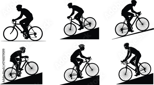 Silhouette of man cycling uphill on road bike, fitness exercise vector, bicycle riding illustration, mountain biking sport, outdoor cycling activity
