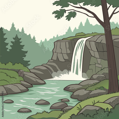 Vector art of a picturesque waterfall cascades down rocky cliffs into a serene river surrounded by lush green forest, creating a tranquil scene of natural beauty and peaceful harmony