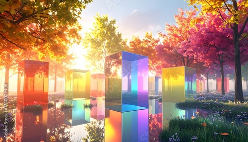 Abstract Colorful Cubes in a Forest Scene Reflected in Water