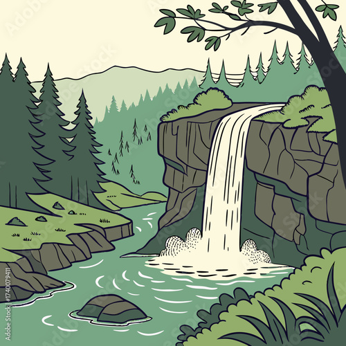 Vector art of a breathtaking waterfall plunges into a river, surrounded by verdant forest and rocky cliffs, creating a captivating scene of natural beauty and serene tranquility