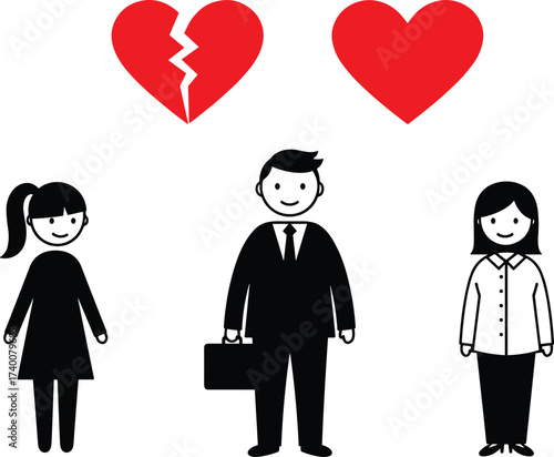 love and relationship concept illustration, broken heart and whole heart vector, man and two women graphic, romance conflict design art