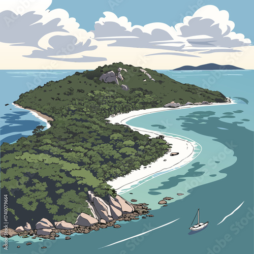 Vector art of an idyllic island paradise emerges from the turquoise sea, boasting pristine beaches, lush greenery, and a tranquil atmosphere, inviting exploration and relaxation in equal measure