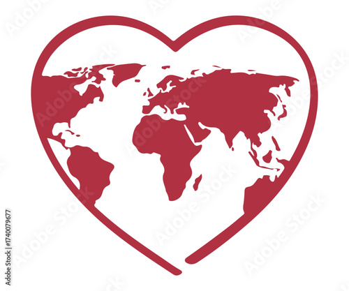 Heart-Shaped World Map Vector Symbolizing Global Love, Unity, and Environmental Care"