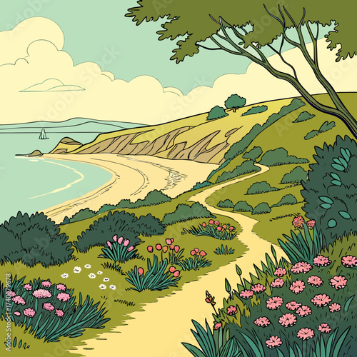 Vector art of a picturesque coastal landscape featuring a winding path through a meadow of wildflowers, leading to a sandy beach and the tranquil ocean, under a bright sky with fluffy clouds