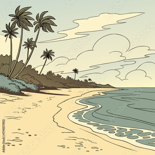 Vector art of a tranquil beach scene with palm trees swaying gently in the breeze, as the waves caress the sandy shore under a serene sky, inviting relaxation and escape