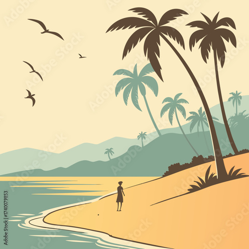 Vector art of a peaceful beach scene with palm trees, a solitary woman walking along the shore, and birds flying overhead, creating a sense of tranquility and connection with nature
