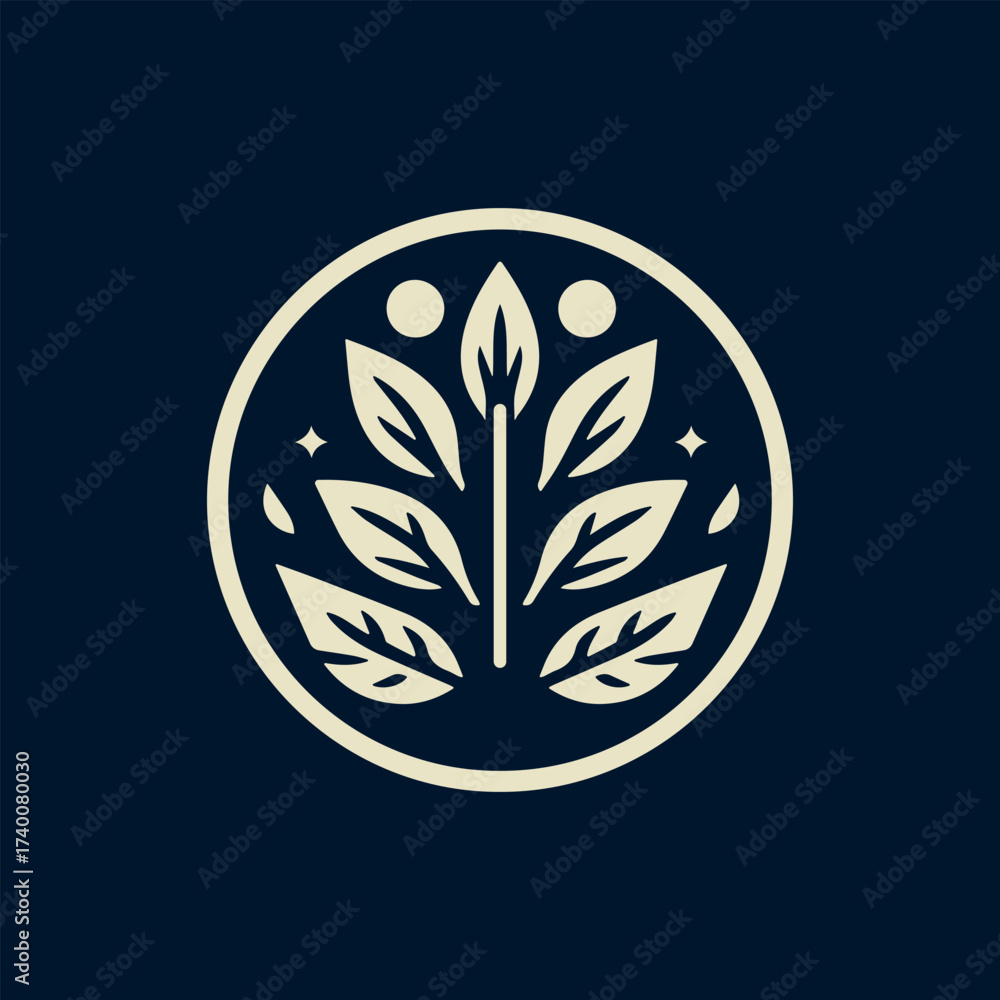Obraz premium Minimalist Circular Emblem with Leaves and Symbolic Elements