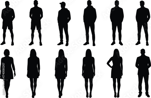 Silhouettes of men and women standing in casual and formal clothing representing lifestyle, diversity, fashion, individuality, society, community, and identity illustration
