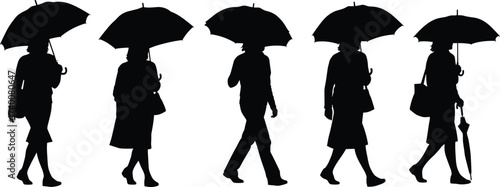 Silhouette women walking with umbrellas illustration, rainy day concept, people holding umbrella design, weather protection graphic, fashion style umbrella poster art