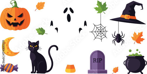 Spooky Halloween icons including a pumpkin, black cat, ghost, and cauldron
