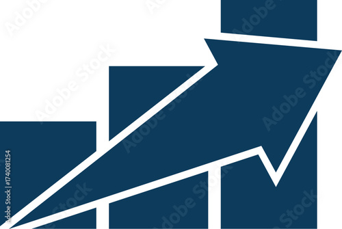 bar chart with an upward arrow, business progress and indicates profitability
