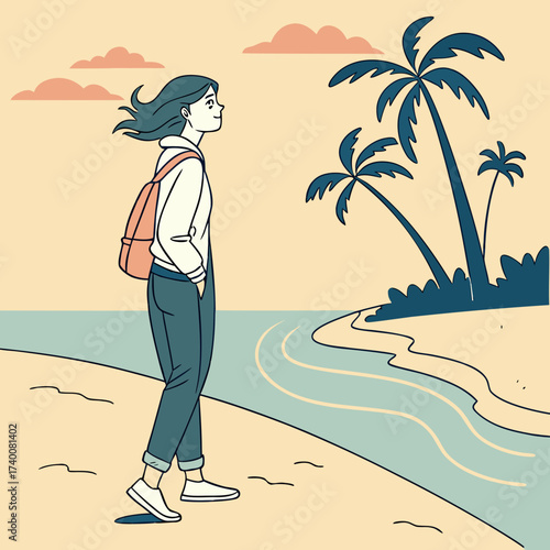 Vector art of a serene illustration of a young woman with a backpack strolling along a tropical beach with palm trees, enjoying the peaceful scenery and the gentle breeze, perfect for travel blogs