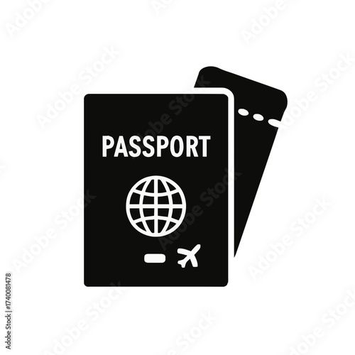 A filled black and white icon of a passport with an airline ticket—a symbol of travel and international trips—on a white background.