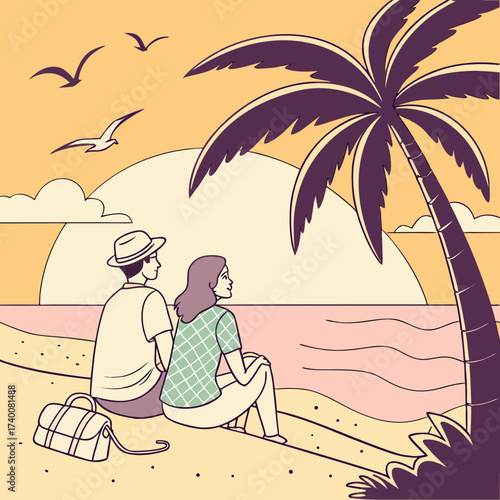 Vector art of a romantic beach scene illustration featuring a couple sitting on the sand, gazing at the sunset, with a palm tree and seagulls in the background