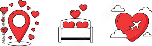 romantic travel icons, love location pin, honeymoon bed illustration, airplane heart journey, valentine vacation trip, couple romance tourism vector, holiday love travel design
