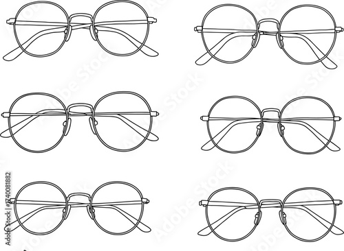 Round eyeglasses collection, vintage wireframe glasses, minimalist spectacles, retro eyewear illustration, fashion accessory design, optical frame set, black line drawing vector