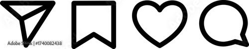 set of four outline symbols representing actions such as sharing, saving, liking, and commenting, highlighting digital interaction