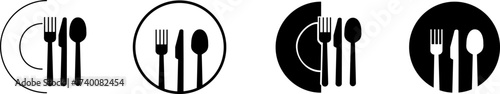 Set of black and white icons illustrating utensils and a plate, concepts of dining options and highlighting culinary services