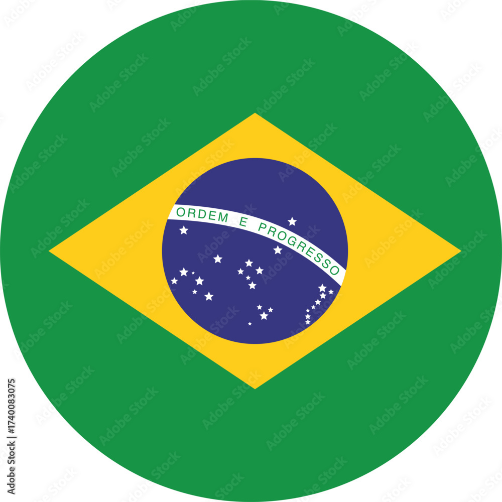 Fototapeta premium Vector illustration of the Brazilian flag, contained within a circle, representing the country of Brazil and symbolizing South American identity