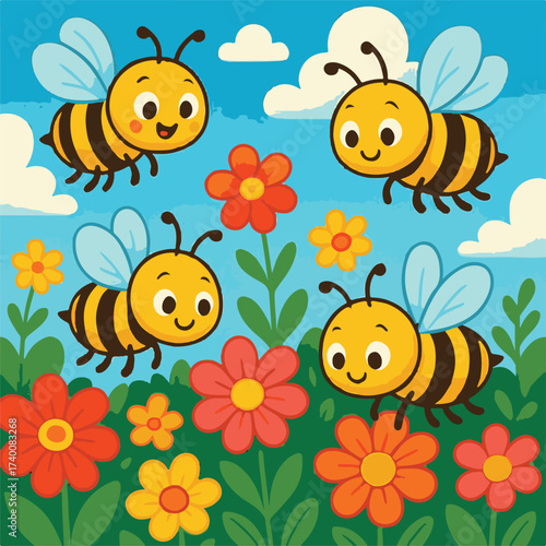 cartoon vector image of a bee in a flower garden