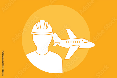 White silhouette of construction worker with hard hat and airplane icon aircraft aviation