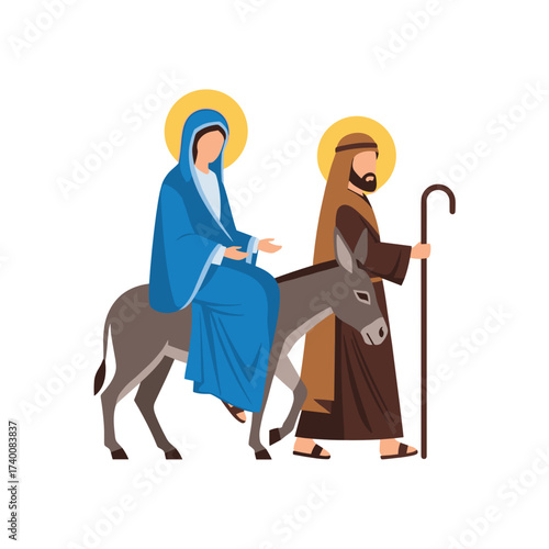 Mary riding donkey while Joseph walks beside her in biblical scene  