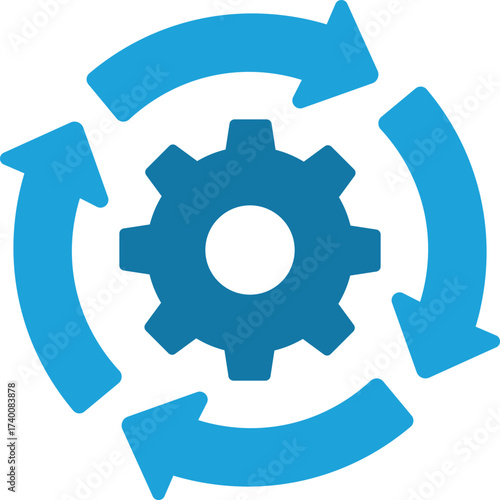 Blue gear with circular arrows icon representing workflow and process cogwheel cycle