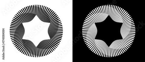 Abstract background with lines in circle. Art design spiral as logo or icon with 6 parts. A black figure on a white background and an equally white figure on the black side.