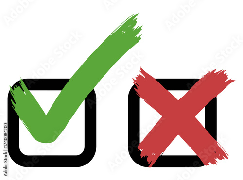 Checkbox Feedback Icon Set – Green Check and Red X with Brushstroke Style for Decision, Evaluation, and UI Interaction