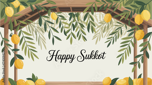  Decorative Happy Sukkot greeting with sukkah frame, etrog, leafy branches, and festive script, celebrating Jewish harvest and tradition