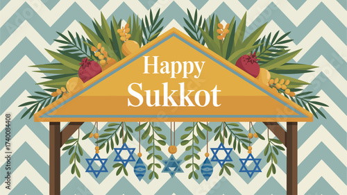  Happy Sukkot illustration with sukkah roof, fruits, palm fronds, lanterns, and Stars of David, celebrating Jewish harvest and festive tradition